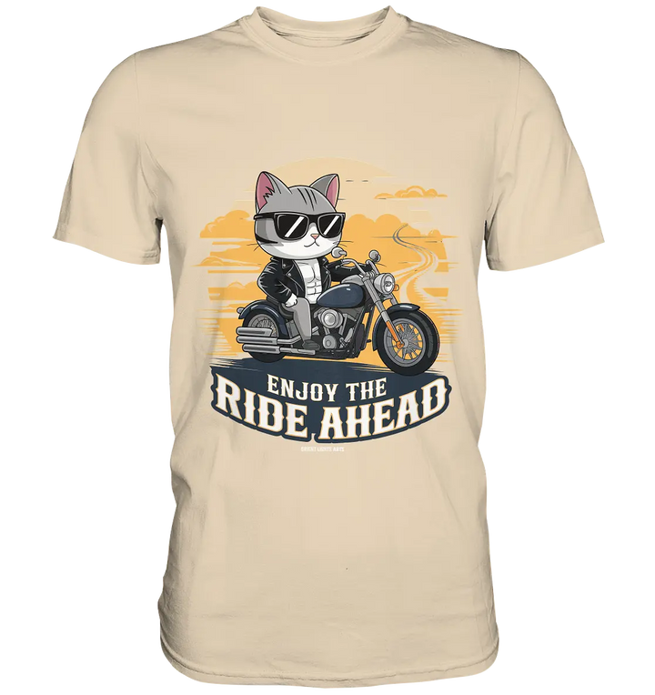 Enjoy the Ride Ahead - Katze auf Motorrad ins Abenteuer - Premium Shirt Bright Lights Arts
