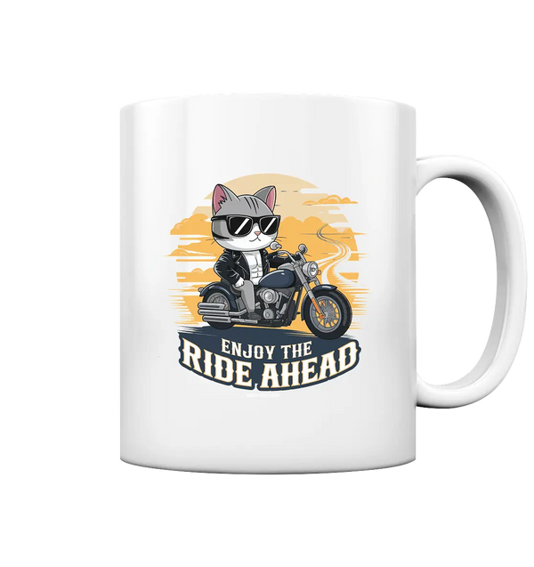Enjoy the Ride Ahead - Katze auf Motorrad ins Abenteuer - Tasse glossy Bright Lights Arts