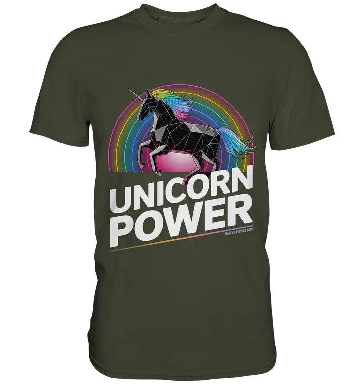 Fabelhaftes Einhorn mit Regenbogen Mähne Stilvolles geometrisches Design - Premium Shirt Bright Lights Arts