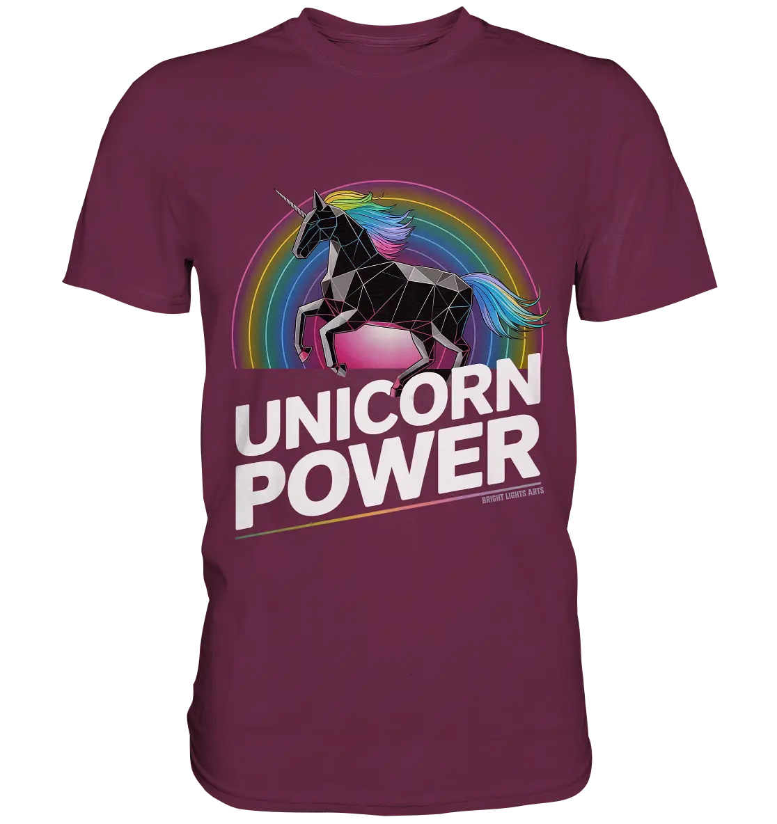 Fabelhaftes Einhorn mit Regenbogen Mähne Stilvolles geometrisches Design - Premium Shirt Bright Lights Arts