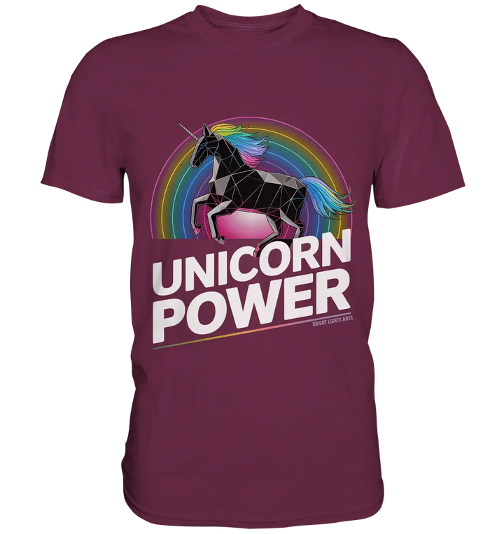 Fabelhaftes Einhorn mit Regenbogen Mähne Stilvolles geometrisches Design - Premium Shirt Bright Lights Arts