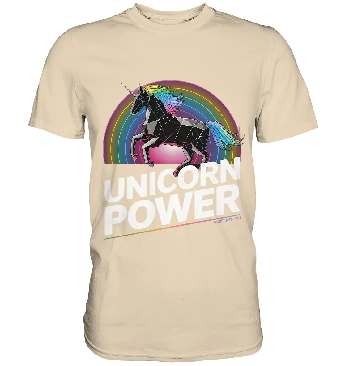 Fabelhaftes Einhorn mit Regenbogen Mähne Stilvolles geometrisches Design - Premium Shirt Bright Lights Arts