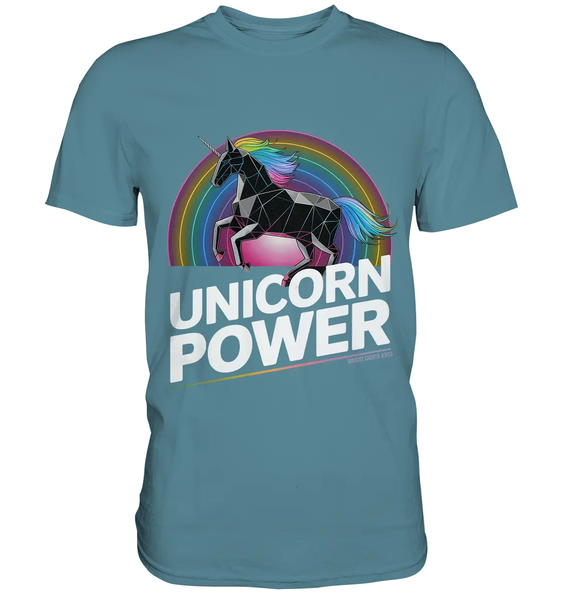 Fabelhaftes Einhorn mit Regenbogen Mähne Stilvolles geometrisches Design - Premium Shirt Bright Lights Arts