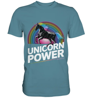 Fabelhaftes Einhorn mit Regenbogen Mähne Stilvolles geometrisches Design - Premium Shirt Bright Lights Arts