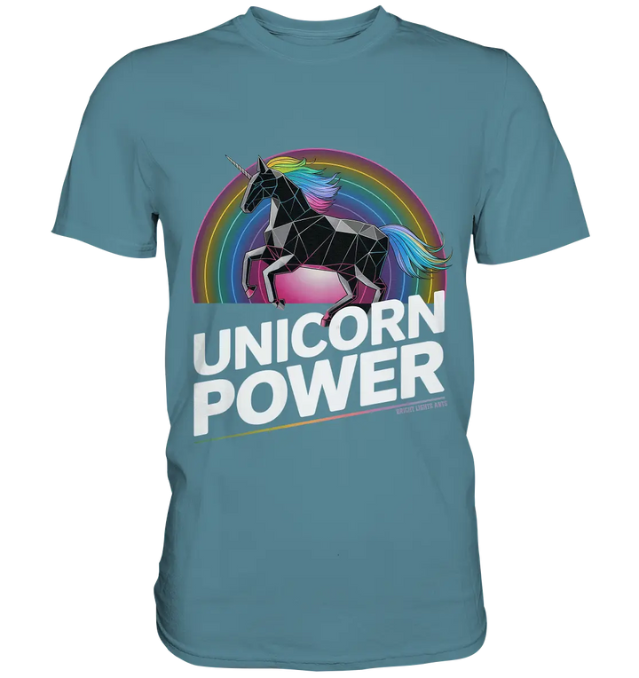 Fabelhaftes Einhorn mit Regenbogen Mähne Stilvolles geometrisches Design - Premium Shirt Bright Lights Arts