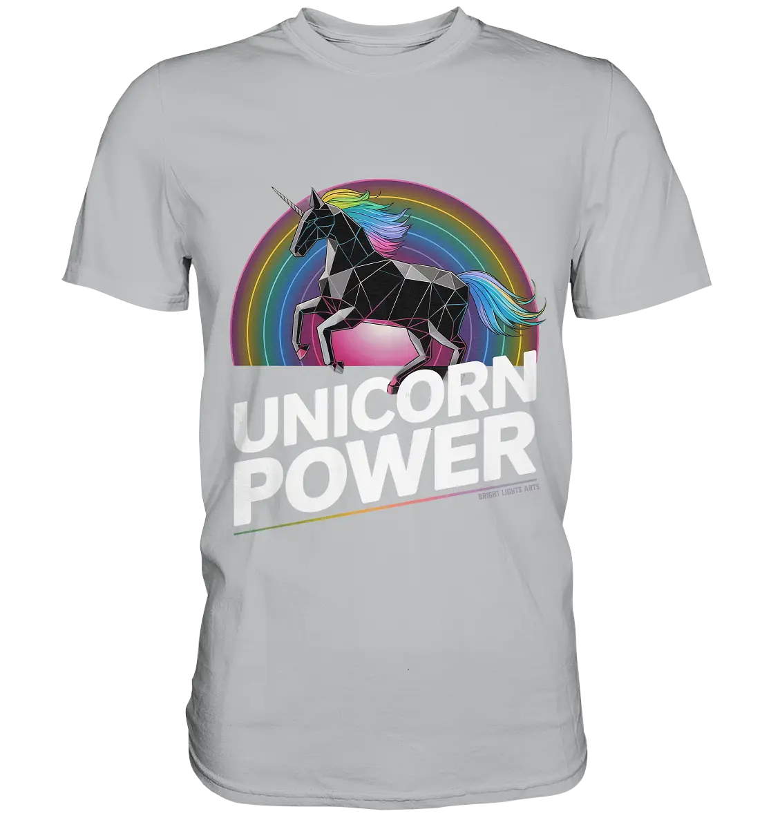 Fabelhaftes Einhorn mit Regenbogen Mähne Stilvolles geometrisches Design - Premium Shirt Bright Lights Arts