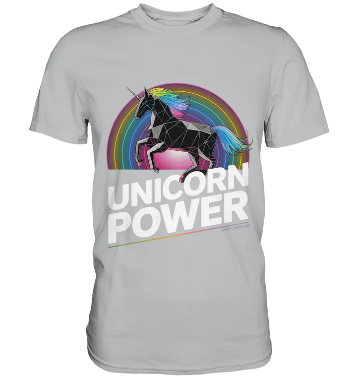 Fabelhaftes Einhorn mit Regenbogen Mähne Stilvolles geometrisches Design - Premium Shirt Bright Lights Arts