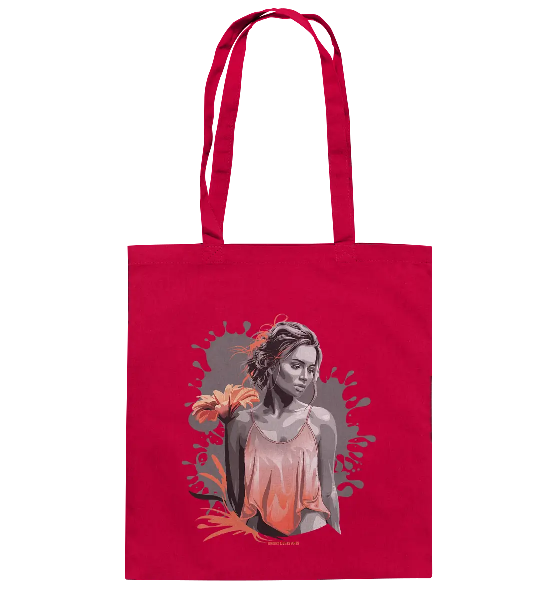 Farbige Eleganz – Stilvolle Frau mit Blume und lebhaften Farben - Baumwolltasche Bright Lights Arts