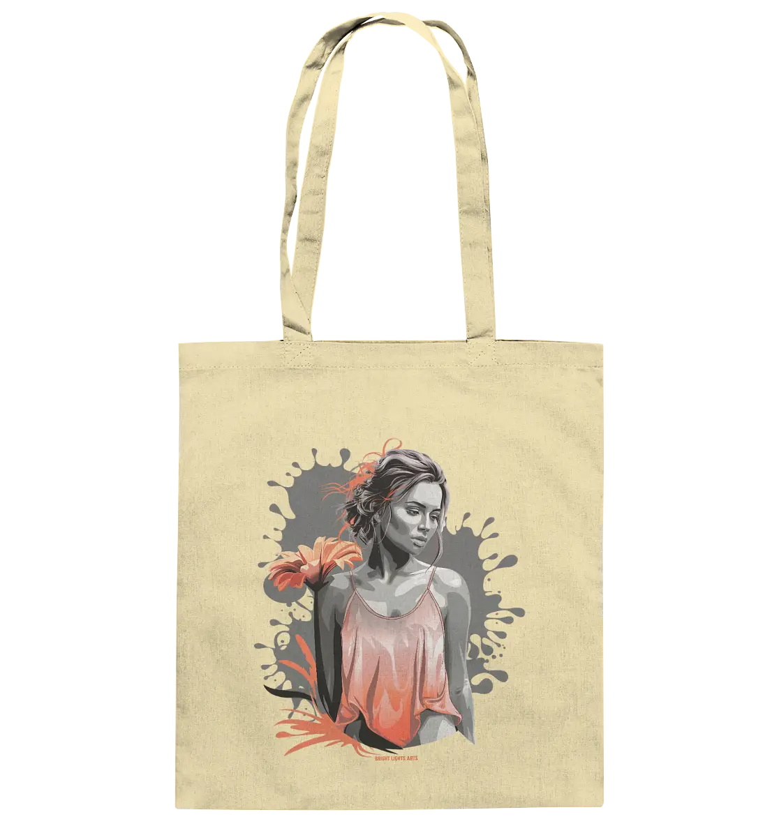 Farbige Eleganz – Stilvolle Frau mit Blume und lebhaften Farben - Baumwolltasche Bright Lights Arts