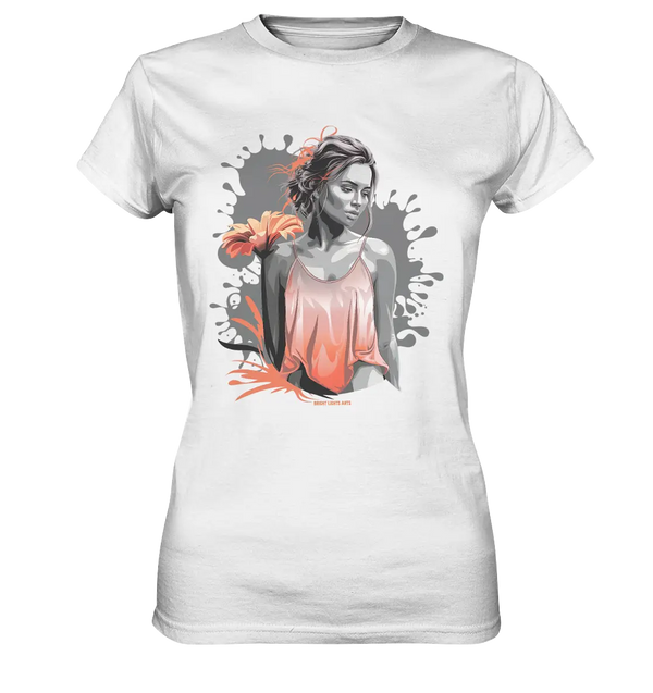 Farbige Eleganz – Stilvolle Frau mit Blume und lebhaften Farben - Ladies Premium Shirt Bright Lights Arts