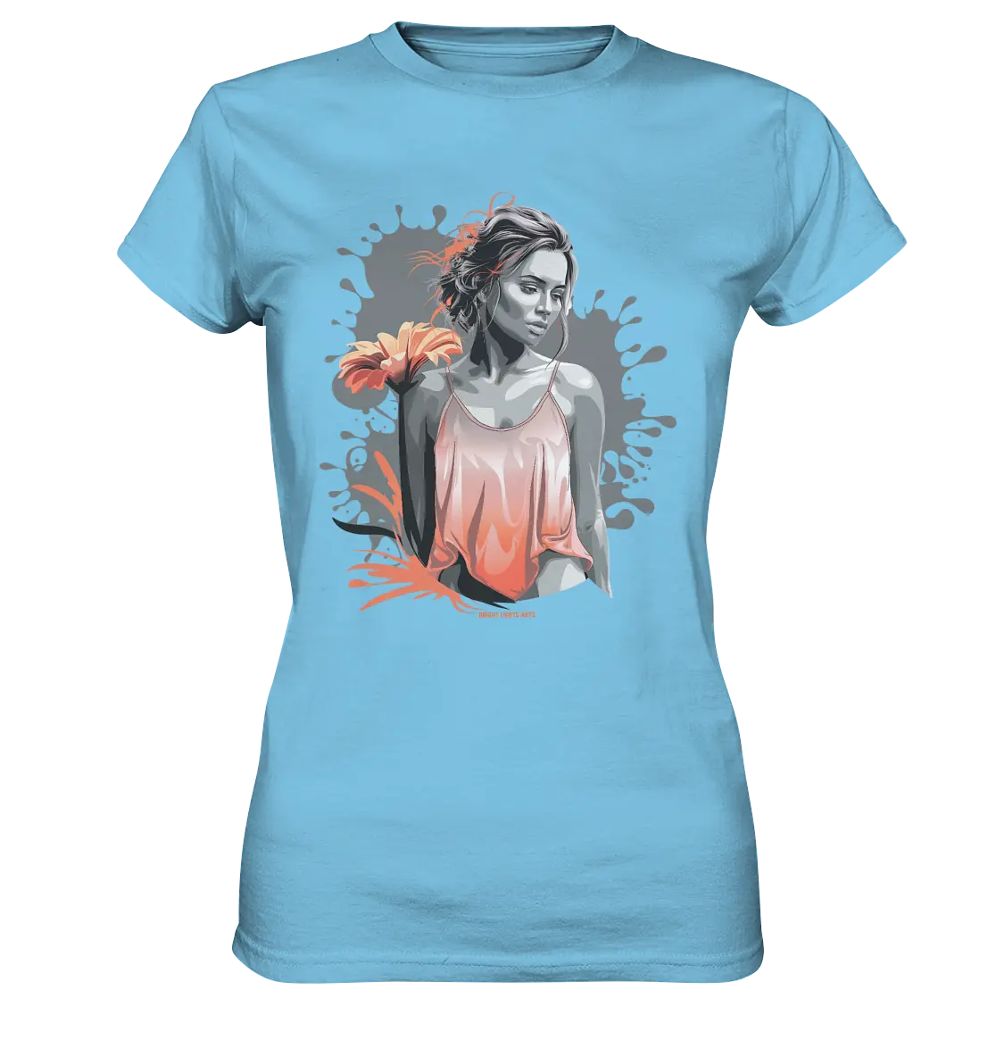 Farbige Eleganz – Stilvolle Frau mit Blume und lebhaften Farben - Ladies Premium Shirt Bright Lights Arts