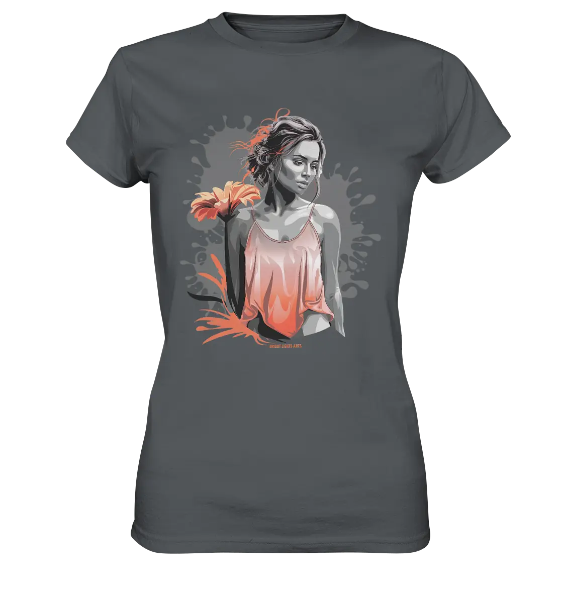 Farbige Eleganz – Stilvolle Frau mit Blume und lebhaften Farben - Ladies Premium Shirt Bright Lights Arts