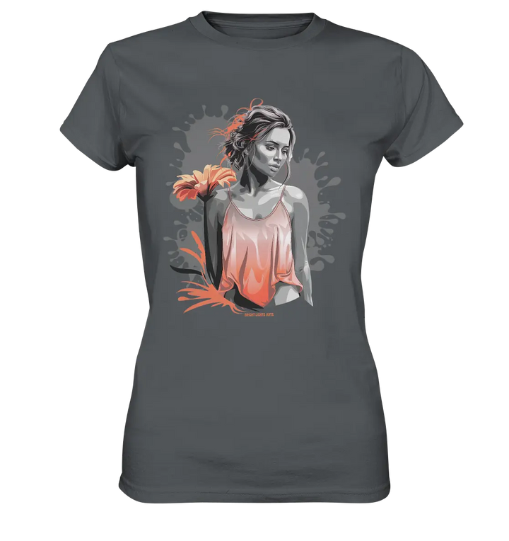Farbige Eleganz – Stilvolle Frau mit Blume und lebhaften Farben - Ladies Premium Shirt Bright Lights Arts