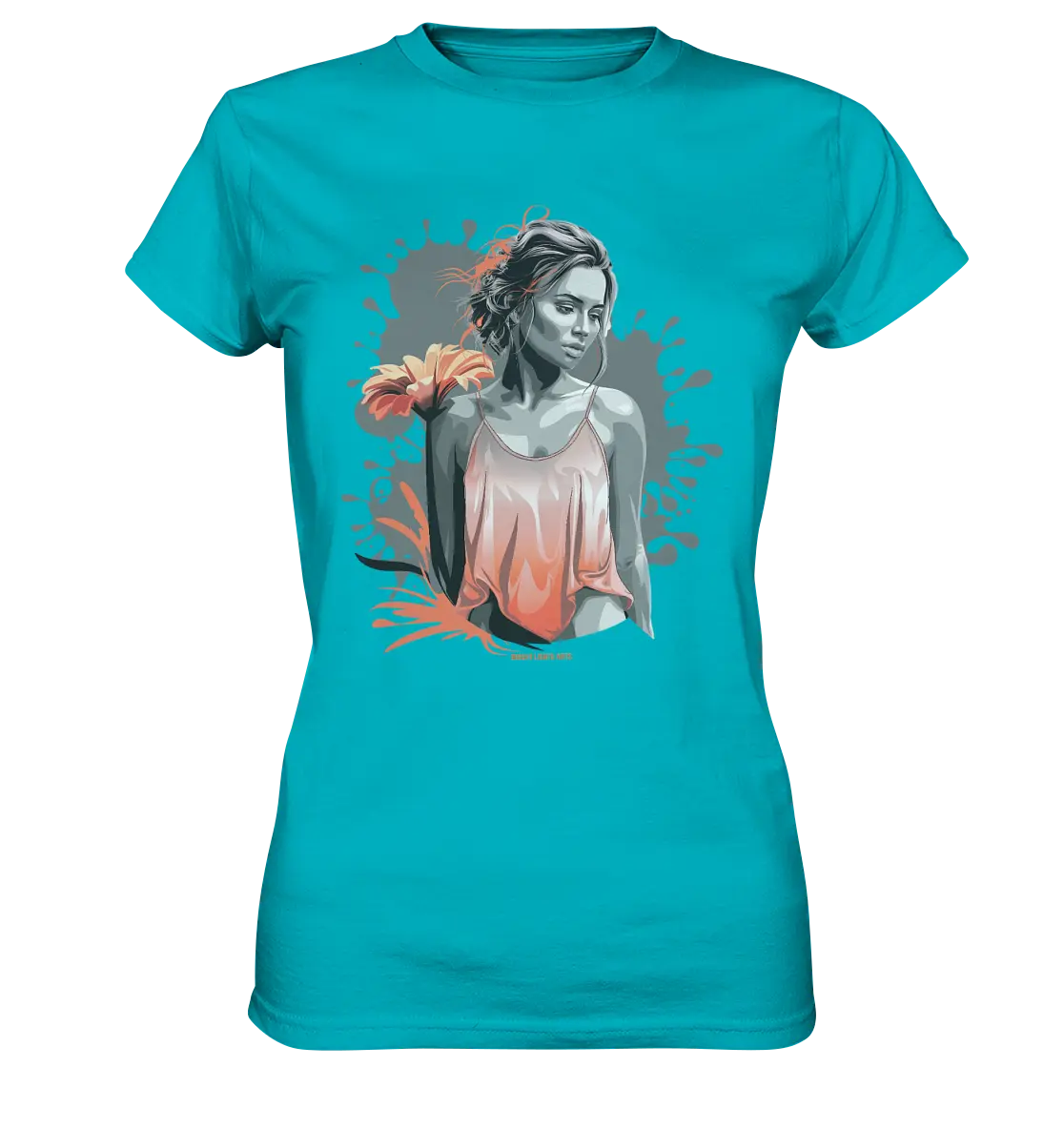 Farbige Eleganz – Stilvolle Frau mit Blume und lebhaften Farben - Ladies Premium Shirt Bright Lights Arts