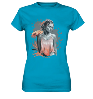Farbige Eleganz – Stilvolle Frau mit Blume und lebhaften Farben - Ladies Premium Shirt Bright Lights Arts