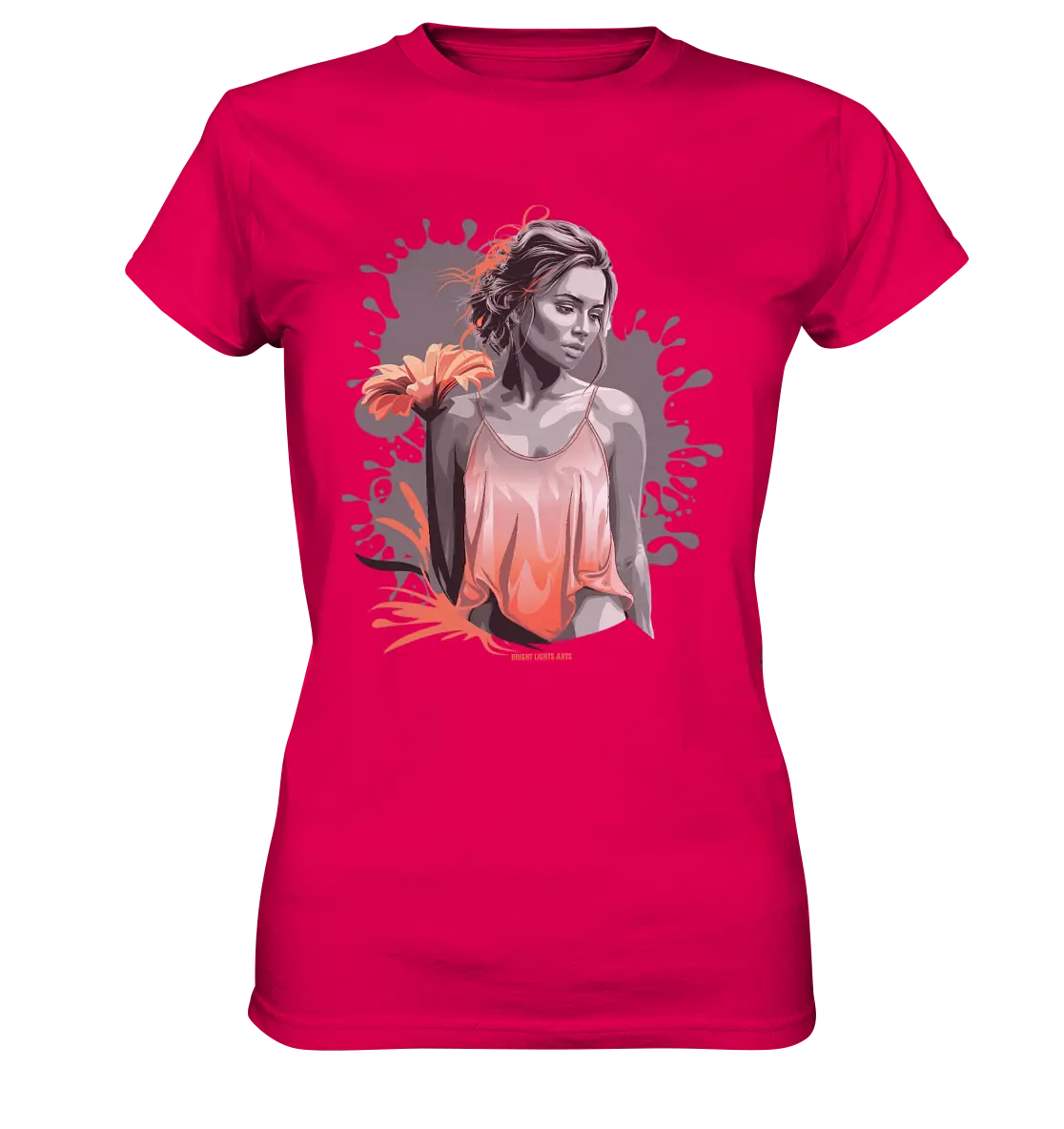 Farbige Eleganz – Stilvolle Frau mit Blume und lebhaften Farben - Ladies Premium Shirt Bright Lights Arts