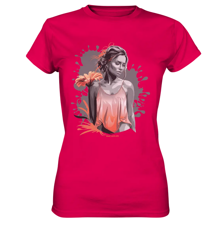 Farbige Eleganz – Stilvolle Frau mit Blume und lebhaften Farben - Ladies Premium Shirt Bright Lights Arts