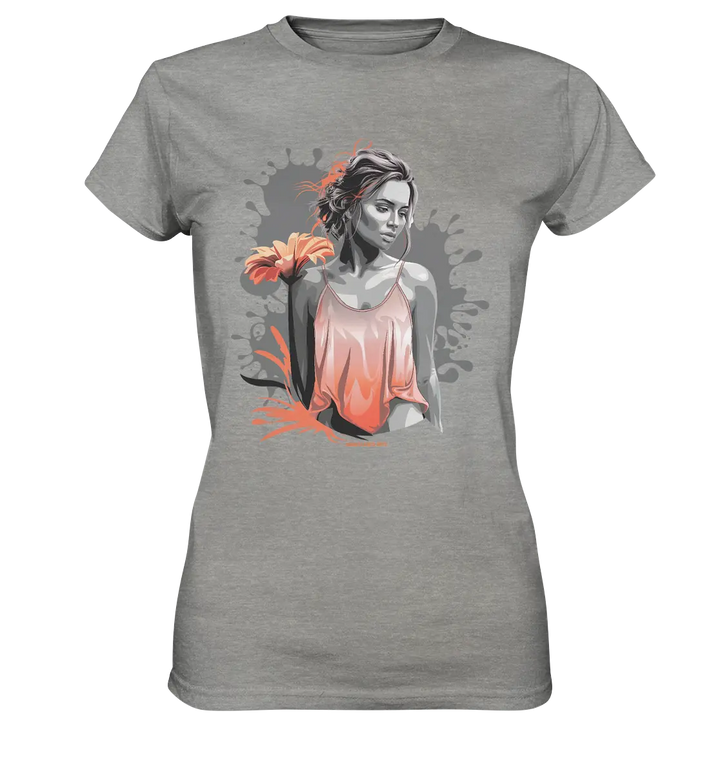 Farbige Eleganz – Stilvolle Frau mit Blume und lebhaften Farben - Ladies Premium Shirt Bright Lights Arts