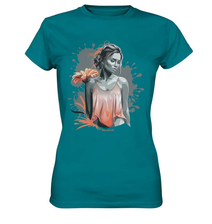 Farbige Eleganz – Stilvolle Frau mit Blume und lebhaften Farben - Ladies Premium Shirt Bright Lights Arts