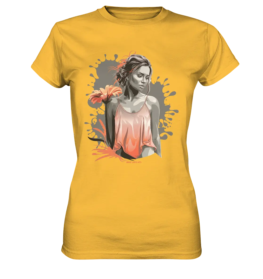 Farbige Eleganz – Stilvolle Frau mit Blume und lebhaften Farben - Ladies Premium Shirt Bright Lights Arts
