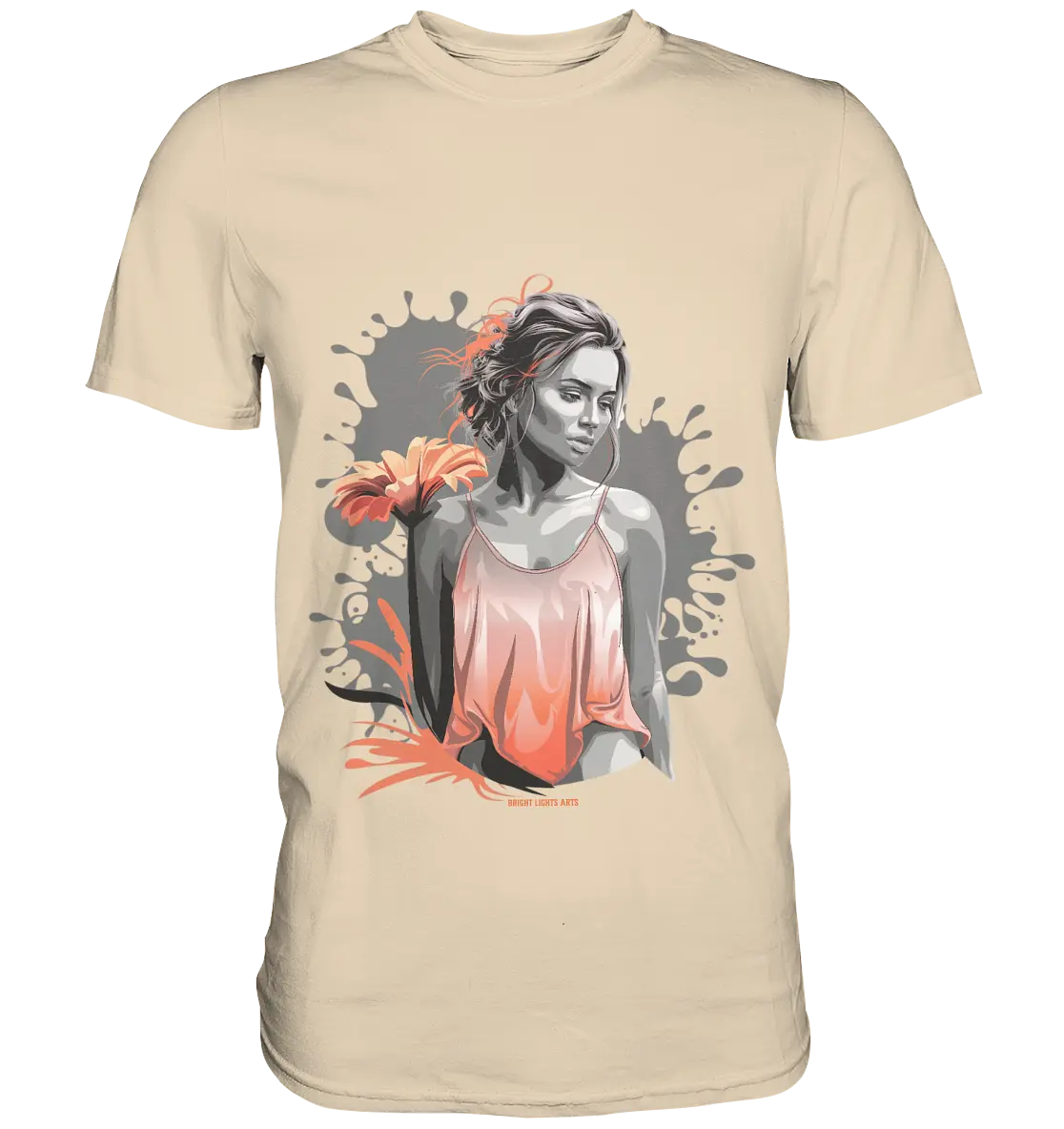Farbige Eleganz – Stilvolle Frau mit Blume und lebhaften Farben - Premium Shirt Bright Lights Arts