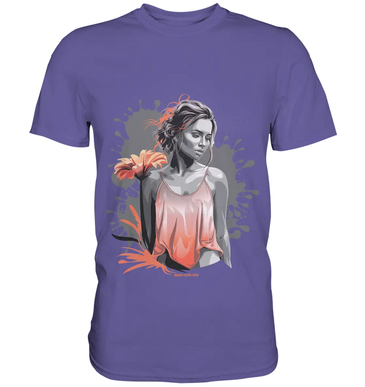 Farbige Eleganz – Stilvolle Frau mit Blume und lebhaften Farben - Premium Shirt Bright Lights Arts