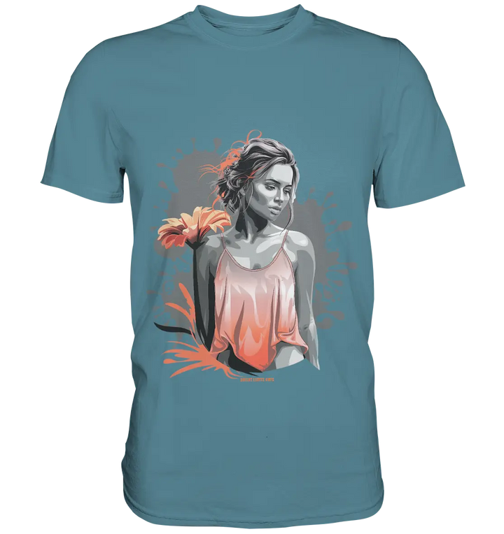 Farbige Eleganz – Stilvolle Frau mit Blume und lebhaften Farben - Premium Shirt Bright Lights Arts