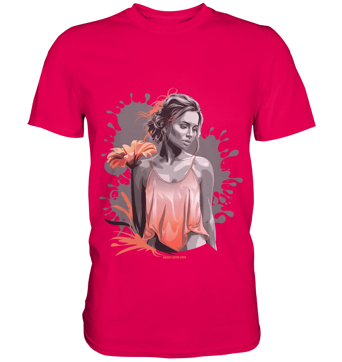 Farbige Eleganz – Stilvolle Frau mit Blume und lebhaften Farben - Premium Shirt Bright Lights Arts