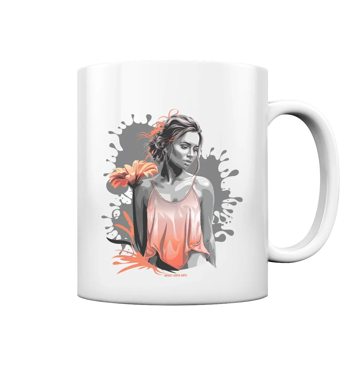 Farbige Eleganz – Stilvolle Frau mit Blume und lebhaften Farben - Tasse glossy Bright Lights Arts