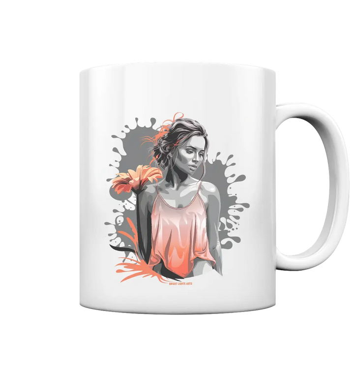 Farbige Eleganz – Stilvolle Frau mit Blume und lebhaften Farben - Tasse glossy Bright Lights Arts