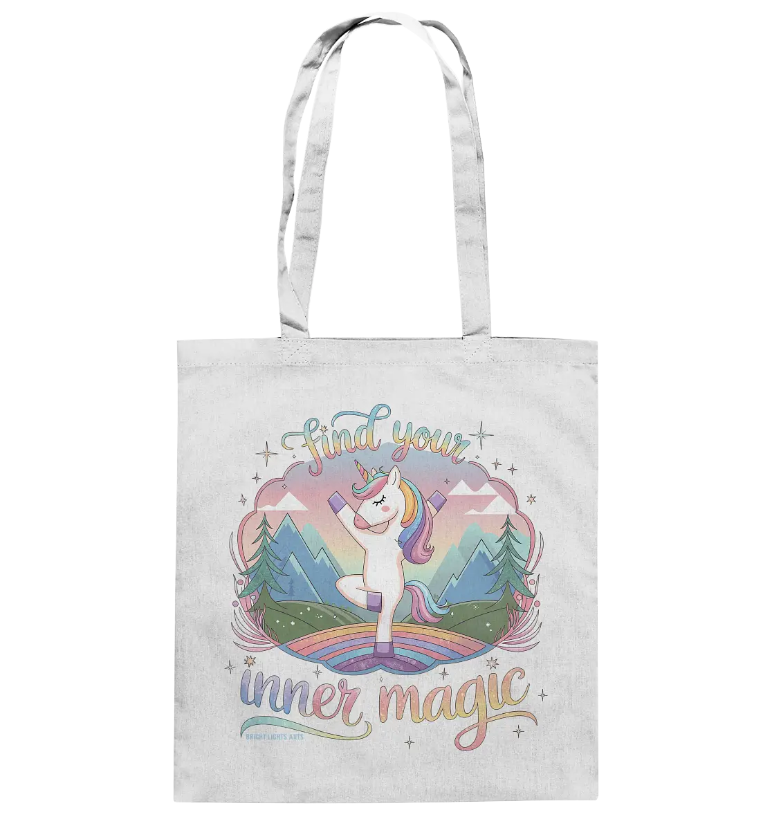 Find Your Inner Magic – Yoga-Einhorn auf dem Regenbogen - Baumwolltasche Bright Lights Arts