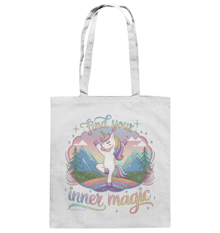 Find Your Inner Magic – Yoga-Einhorn auf dem Regenbogen - Baumwolltasche Bright Lights Arts