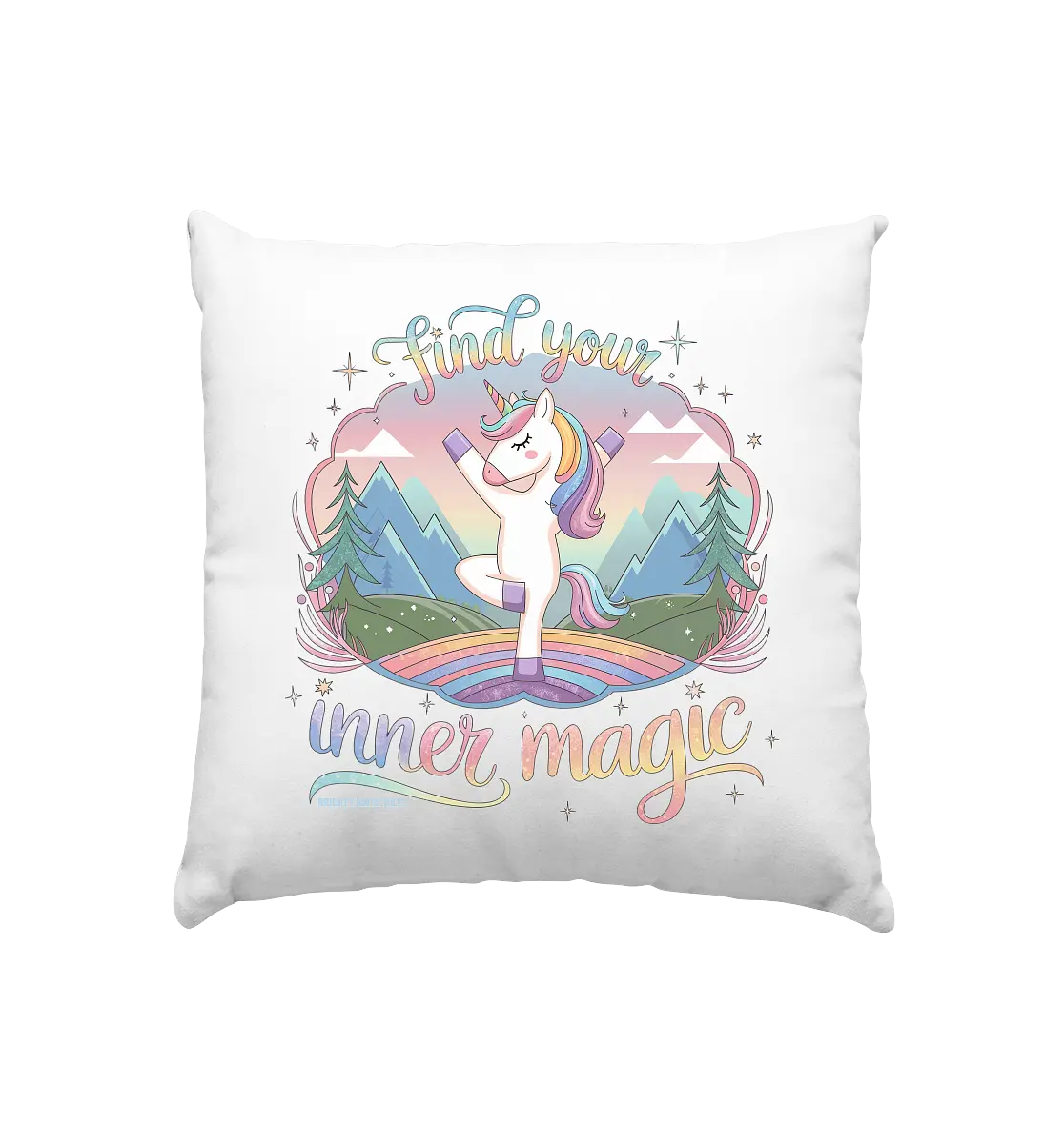 Find Your Inner Magic – Yoga-Einhorn auf dem Regenbogen - Kissen 40x40cm Bright Lights Arts