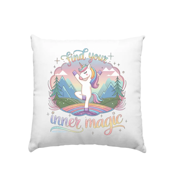 Find Your Inner Magic – Yoga-Einhorn auf dem Regenbogen - Kissen 40x40cm Bright Lights Arts