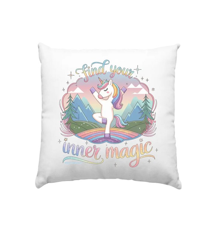 Find Your Inner Magic – Yoga-Einhorn auf dem Regenbogen - Kissen 40x40cm Bright Lights Arts