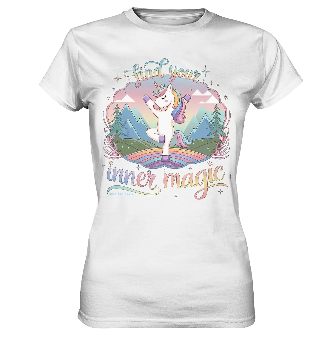 Find Your Inner Magic – Yoga-Einhorn auf dem Regenbogen - Ladies Premium Shirt Bright Lights Arts