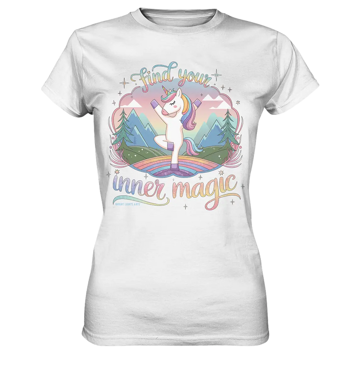 Find Your Inner Magic – Yoga-Einhorn auf dem Regenbogen - Ladies Premium Shirt Bright Lights Arts