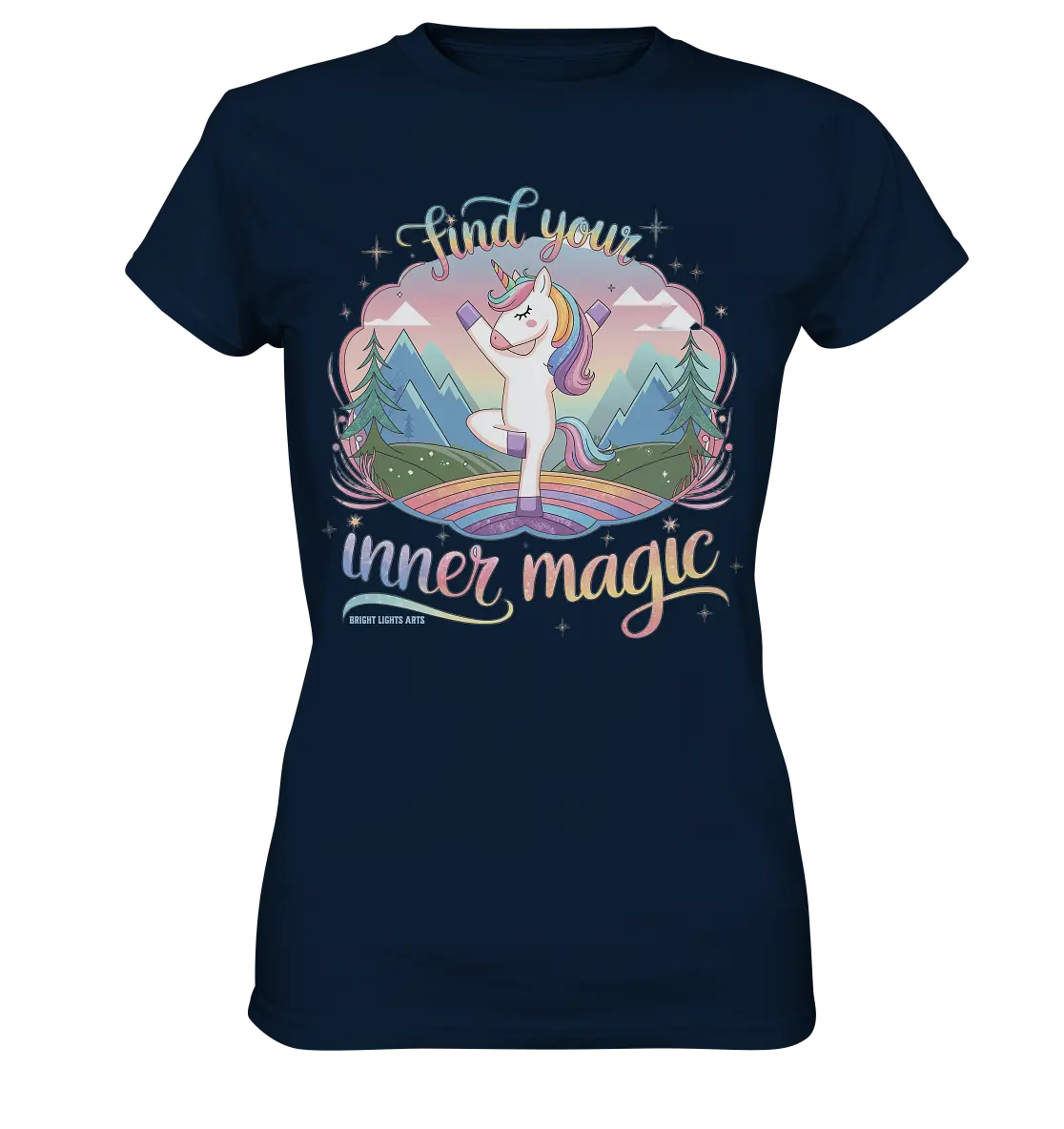 Find Your Inner Magic – Yoga-Einhorn auf dem Regenbogen - Ladies Premium Shirt Bright Lights Arts