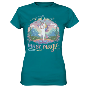 Find Your Inner Magic – Yoga-Einhorn auf dem Regenbogen - Ladies Premium Shirt Bright Lights Arts