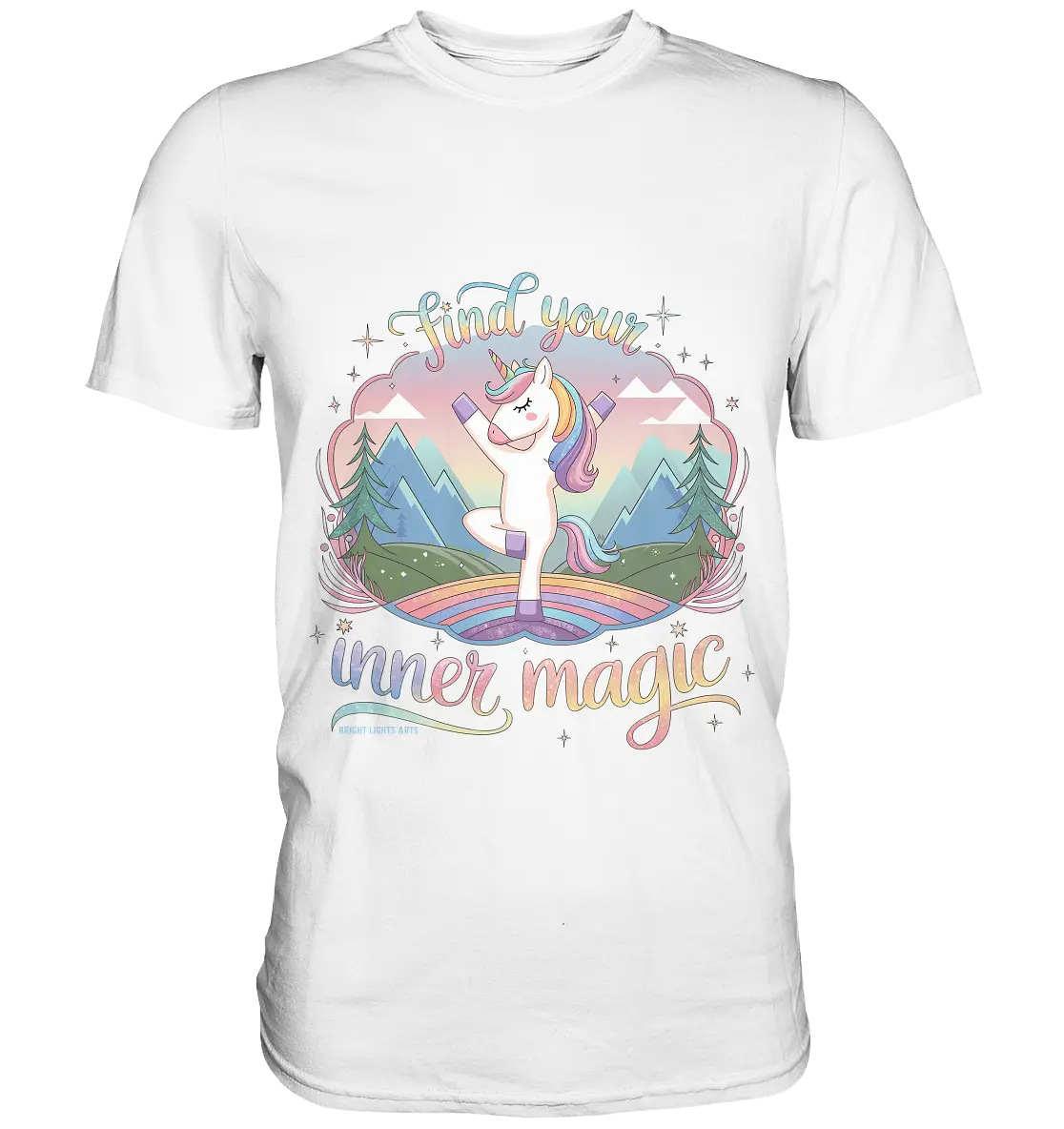 Find Your Inner Magic – Yoga-Einhorn auf dem Regenbogen - Premium Shirt Bright Lights Arts