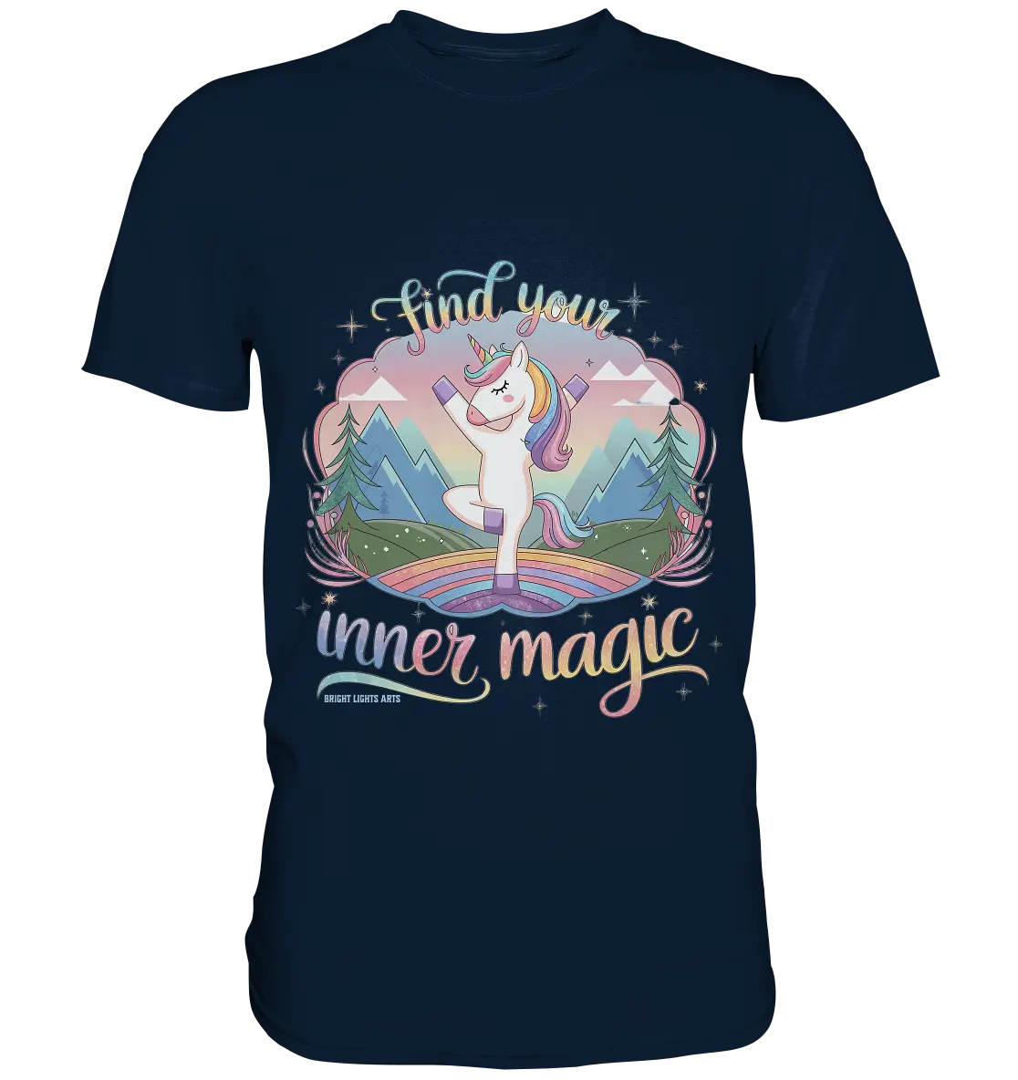 Find Your Inner Magic – Yoga-Einhorn auf dem Regenbogen - Premium Shirt Bright Lights Arts
