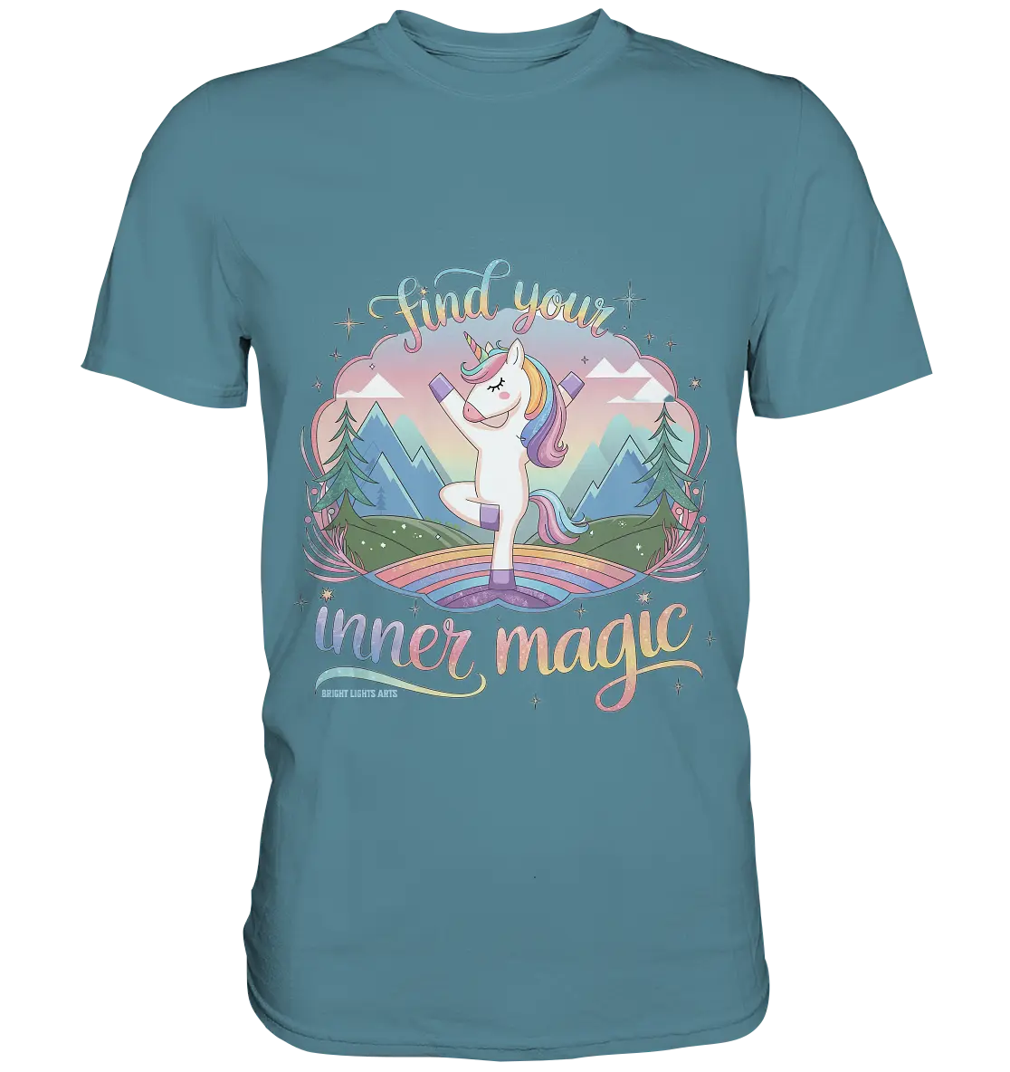 Find Your Inner Magic – Yoga-Einhorn auf dem Regenbogen - Premium Shirt Bright Lights Arts