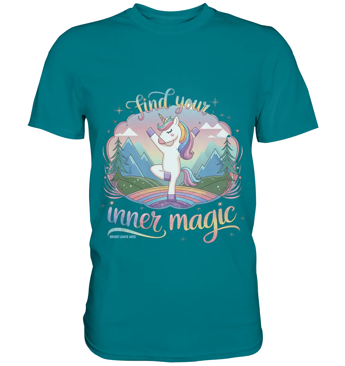 Find Your Inner Magic – Yoga-Einhorn auf dem Regenbogen - Premium Shirt Bright Lights Arts