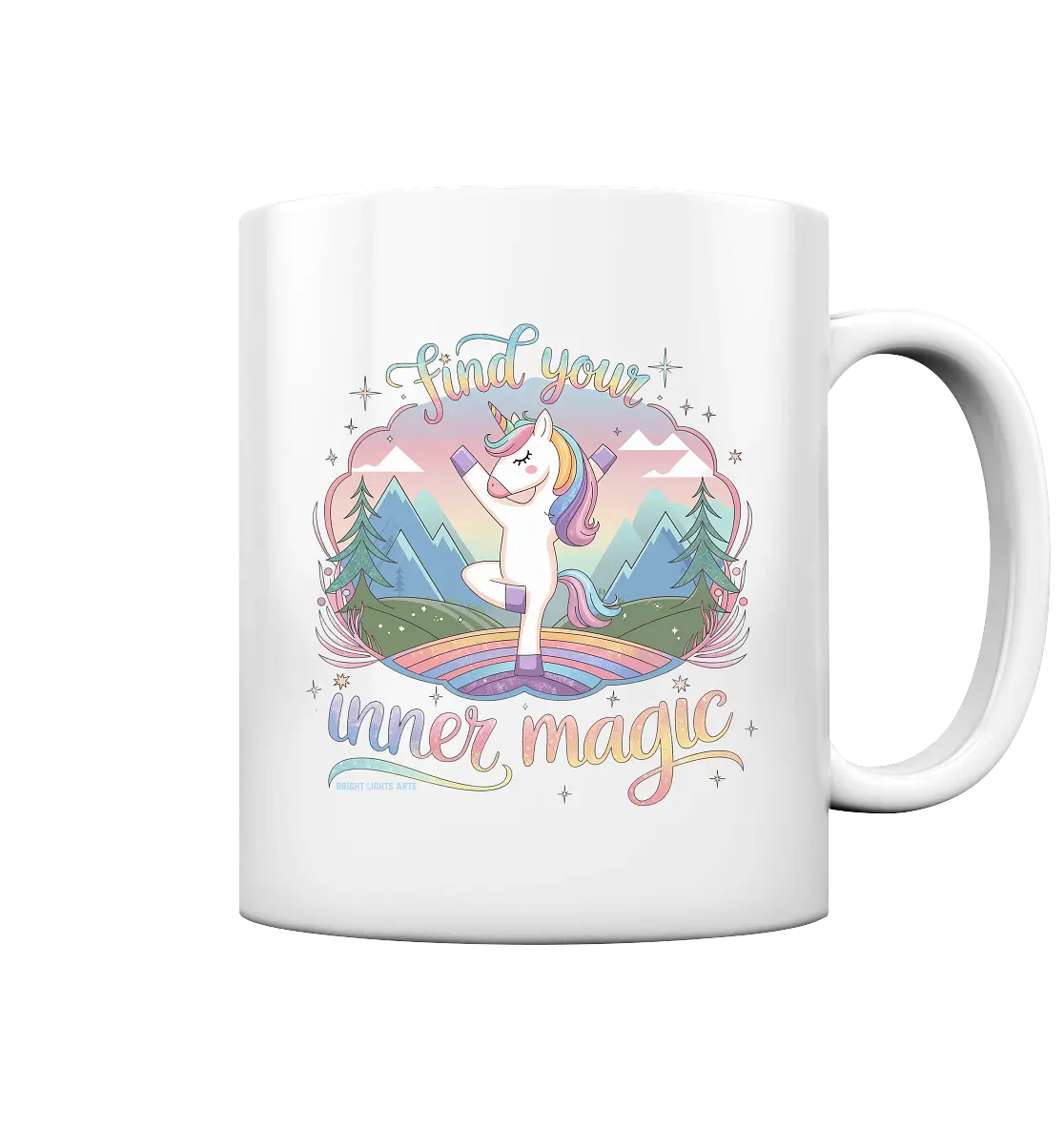 Find Your Inner Magic – Yoga-Einhorn auf dem Regenbogen - Tasse glossy Bright Lights Arts