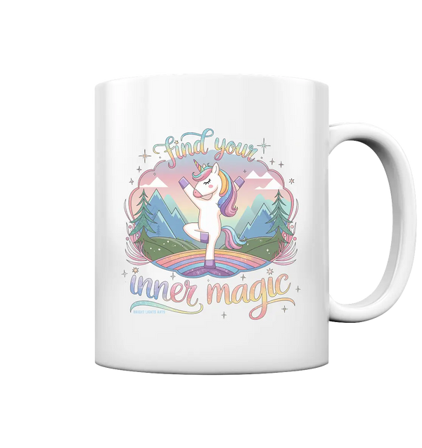 Find Your Inner Magic – Yoga-Einhorn auf dem Regenbogen - Tasse glossy Bright Lights Arts
