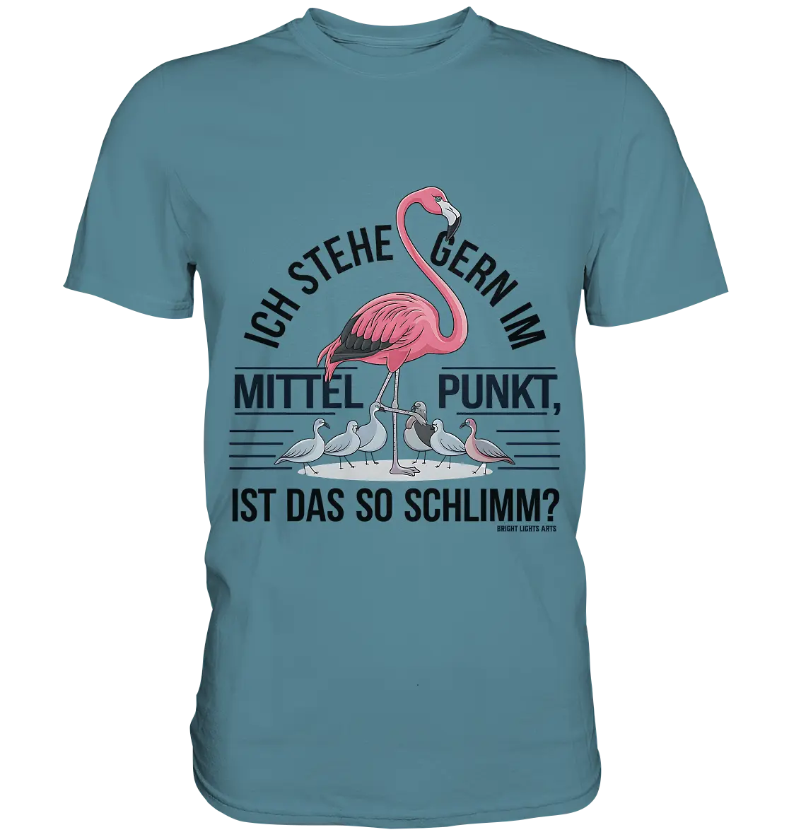 Flamingo im Mittelpunkt – Symbiose im Comic-Stil - Premium Shirt Bright Lights Arts