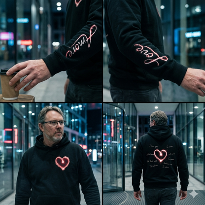 Maximale Details für maximale Liebe. Der „Glow Heart“ Full-Detail Hoodie mit Frontprint, großem Rückenprint und „Amore / Liebe“ Ärmeldruck. 280 GSM Bio-Baumwolle.