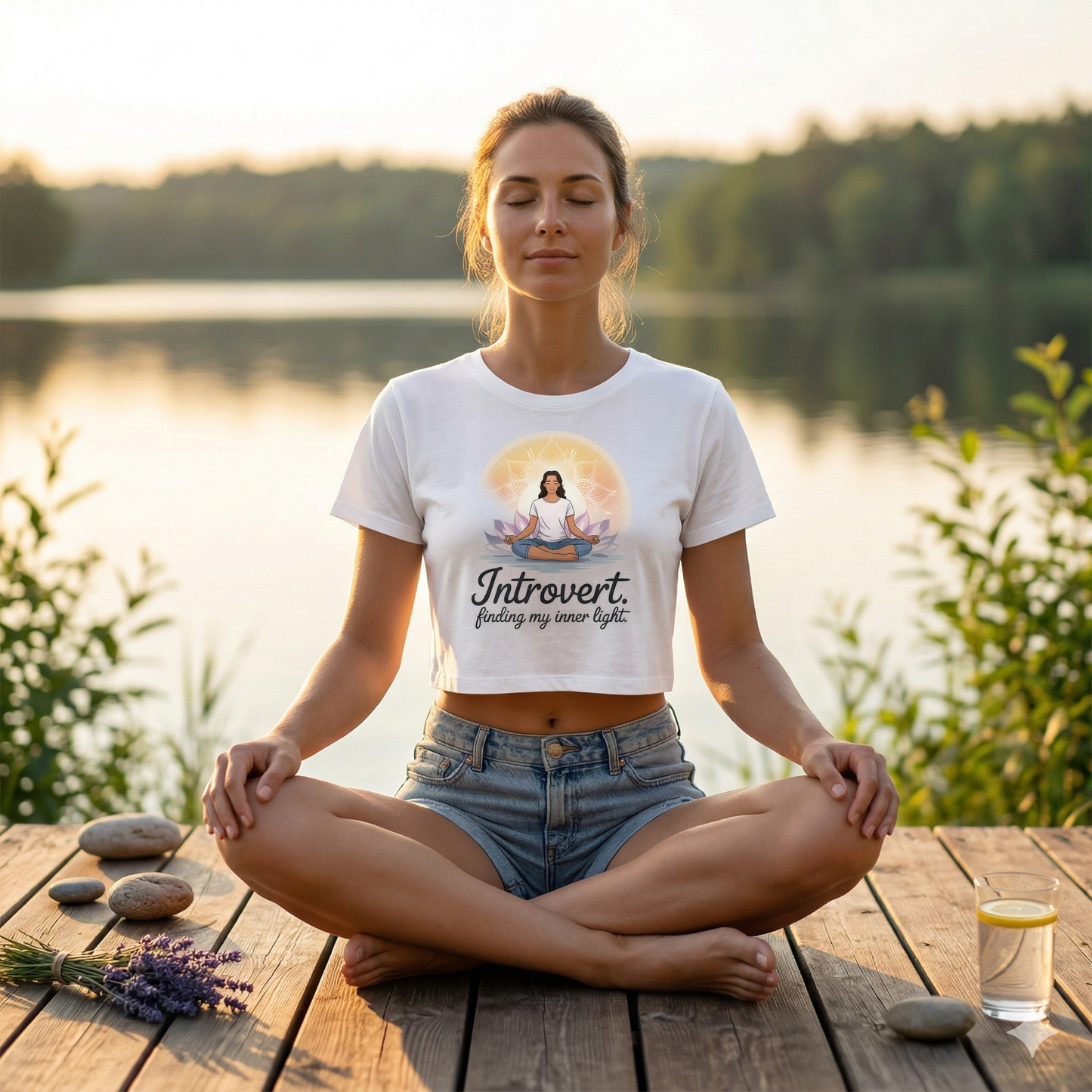 Frau im bauchfreien weißen Bright Lights Arts Bio-Shirt mit strahlendem Yoga-Mandala und Text Finding My Inner Light.
