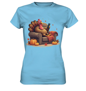 Gemütlicher Cartoon Truthahn in einem Sessel Herbstliches und humorvolles Erntedank Kunstwerk - Ladies Premium Shirt Bright Lights Arts