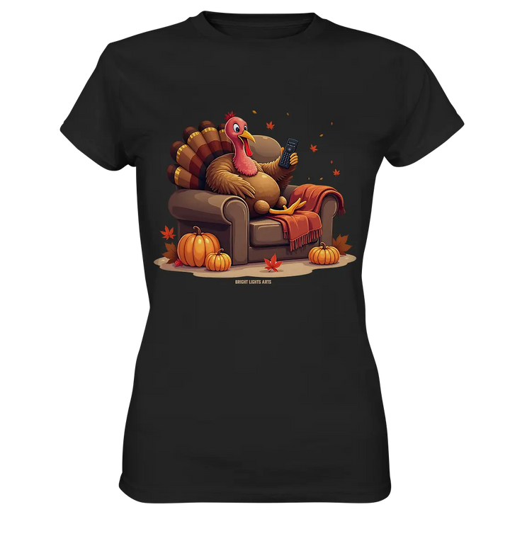 Gemütlicher Cartoon Truthahn in einem Sessel Herbstliches und humorvolles Erntedank Kunstwerk - Ladies Premium Shirt Bright Lights Arts